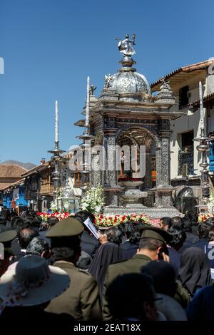 Silver Float and crowd, procession, Plaza de Armas, Corpus Christi Celebration, Cusco, Peru Stock Photo