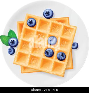Vector Belgian Waffles On Plate With Ice Cream And Colorful Berries Isolated On White Background Breakfast Homemade Waffle With Cream Blueberry And Stock Vector Image Art Alamy
