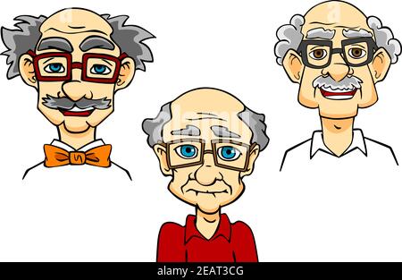 Portraits of joyful bald mustached cartoon old men with glasses and bow tie isolated on white background Stock Vector