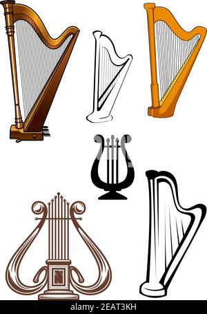 Collection of classical stringed musical instruments icons with outline and detailed illustration of harps and liras isolated on white background Stock Vector