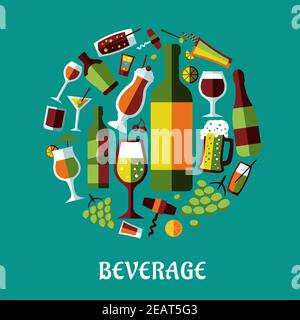 Flat design poster in retro style of beverages, fruits, glasses and corkscrews in a circle on turquoise background for cafe and restaurant menu design Stock Vector
