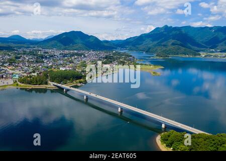 Drone fly over Kawaguchiko in Japan Stock Photo