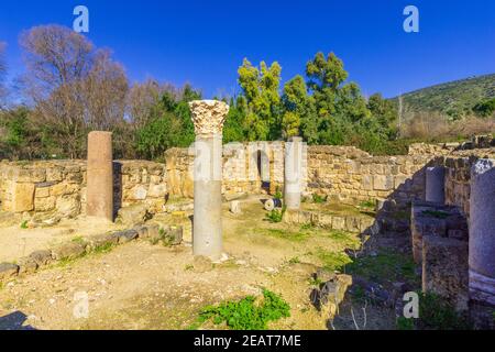 View of the remains of a synagogue, in the Hermon Stream (Banias) Nature Reserve, Upper Galilee, Northern Israel Stock Photo
