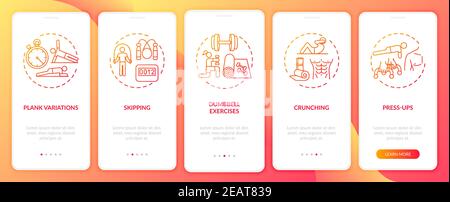 Home physical activity onboarding mobile app page screen with concepts Stock Vector