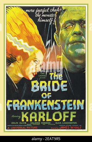 Bride of Frankenstein starring Boris Karloff Vintage movie film poster 1935 American science fiction horror film, and the first sequel to Universal Pictures' 1931 film Frankenstein. As with the first film, Bride of Frankenstein was directed by James Whale and stars Boris Karloff as the Monster. The sequel features Elsa Lanchester in the dual role of Mary Shelley and the titular character at the end of the film. Colin Clive reprises his role as Henry Frankenstein, and Ernest Thesiger plays the role of Doctor Septimus Pretorius. Stock Photo