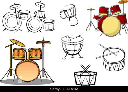Drum sets, timpani, snare drum, bass drum and congas in cartoon and sketch style for percussion and music design Stock Vector