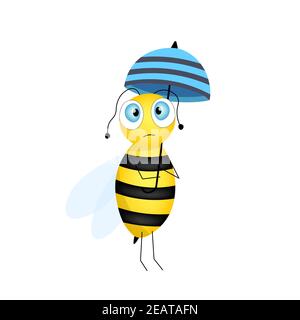 Cartoon cute bee mascot. Sad bee with blue umbrella. Small wasp. Vector character. Insect icon. Holiday template design for invitation, cards Stock Vector