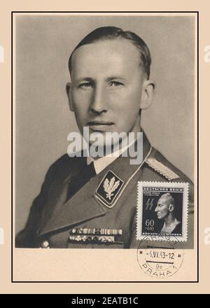 HEYDRICH 1943, WW2 portrait of senior Nazi Waffen SS-Obergruppenführer Reinhard Heydrich, a brutal fervent Nazi, responsible for countless war crimes. A favourite of Adolf Hitler. Subsequent commemorative card with his death mask used as a stamp after his very timely brave assasination in Prague Czechoslovakia World War II Reinhard Tristan Eugen Heydrich was a high-ranking German SS and police official during Nazi era &/main architect of the Holocaust. He was chief of the Reich Main Security Office, also Stellvertretender Reichsprotektor of Bohemia and Moravia. Second World War World War II Stock Photo