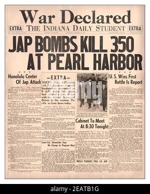 1941 Pearl Harbour Headlines Japanese Attack Dec 1941 Newspaper Headlines Jap Bombs Kill 350 at Pearl Harbor. War declared, The Indiana Daily Student PEARL HARBOUR ATTACK OAHU Vintage Pearl Harbor headlines December 7th 1941 Surprise Japanese bombing of Pearl Harbor Newspaper headline Oahu bombed by Japanese Planes” Sunday December 7th 1941 Start of World War II between Japan and America USA Stock Photo