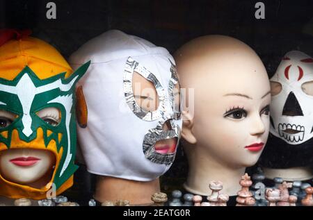 Souvenir Mexican lucha libre masks, similar to those worn by professional wrestlers, for sale in a shop in San Antonio, Texas. Stock Photo