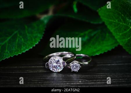 Jewelry wedding diamond rings on black Stock Photo