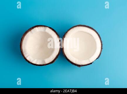 Coconuts on a blue isolate background. Coconut minimal concept. Stock Photo