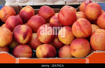 Fresh raw peaches on market Stock Photo