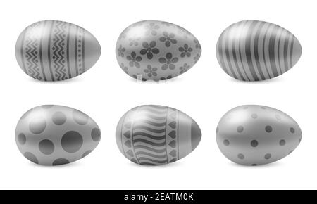 Vector set of realistic happy easter eggs isolated. Six silver glossy metal easter eggs with pattern. 3D illustration Stock Vector