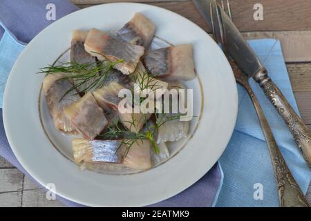 Pieces of herring with onions and dill on old plate in russian style Stock Photo