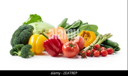 A collection of various vegetables placed on a white background Stock Photo