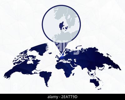 Denmark detailed map highlighted on blue rounded World Map. Map of Denmark in circle. Stock Vector