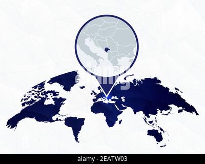Montenegro detailed map highlighted on blue rounded World Map. Map of Montenegro in circle. Stock Vector