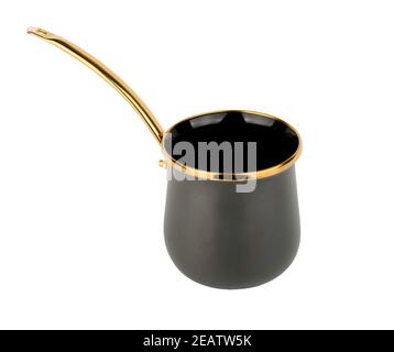 Enameled Cezve for coffee preparation isolated on white background, shallow depth of sharpness Stock Photo