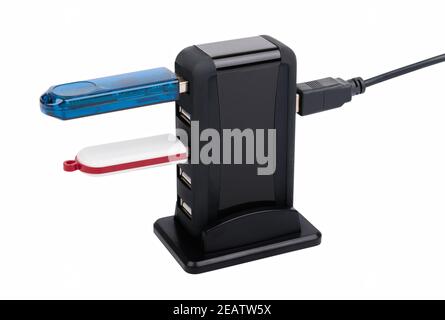 Black USB HUB with two flash drives isolated on white background, shallow depth of sharpness Stock Photo