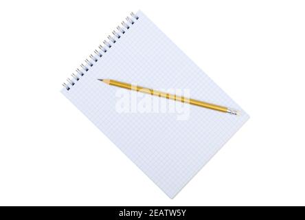 Notebook and pencil isolated on white background, close up, top view Stock Photo