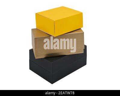 Three empty gift boxes on white background, isolated, close-up Stock Photo