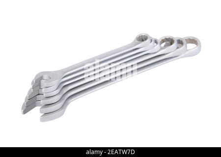 Set of chrome wrenches isolated on white background, close-up, shallow depth of field Stock Photo