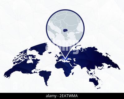 Macedonia detailed map highlighted on blue rounded World Map. Map of Macedonia in circle. Stock Vector