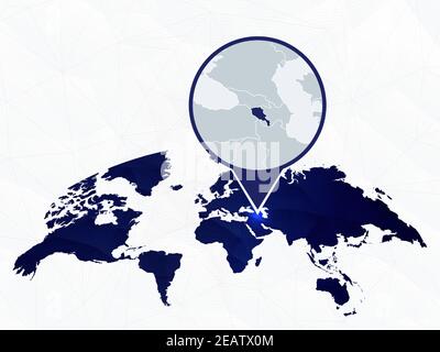Armenia detailed map highlighted on blue rounded World Map. Map of Armenia in circle. Stock Vector