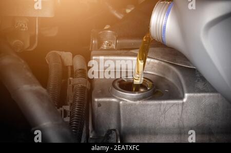 Hand mechanic in service to repair a car, pouring change lubricant oil Stock Photo