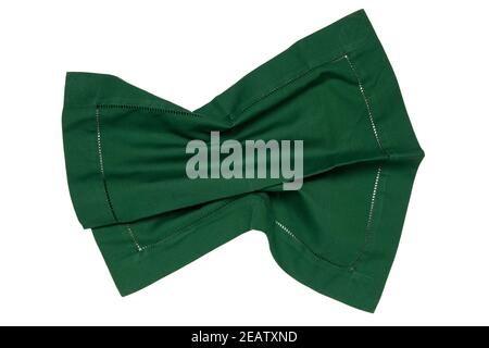 Closeup of a green napkin or tablecloth isolated on white background. Kitchen accessories. Stock Photo