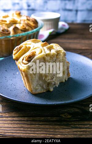 A piece of apple pie with cinnamon on blue plate. Top views with clear space Stock Photo