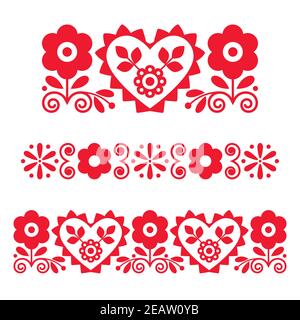 Polish retro floral folk art vector long patterns and design elements inspired by traditional embroidery, greeting card decor Stock Vector
