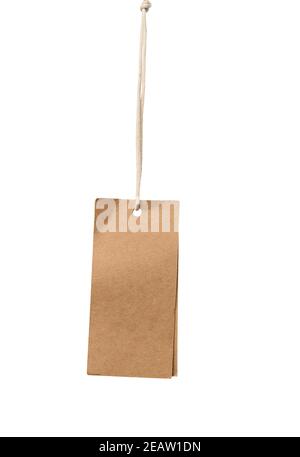 blank brown rectangular brown paper tag on a rope isolated on white background, template for price Stock Photo