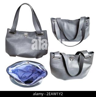 set of handcrafted gray leather handbag isolated Stock Photo