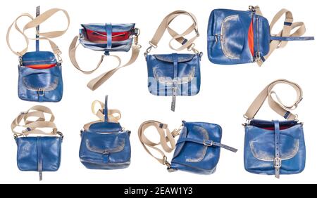 set of blue leather casual women's bag isolated Stock Photo