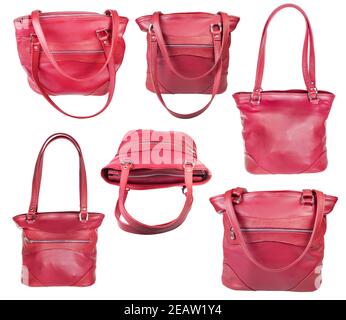 set of pink handbag handmade from leather isolated Stock Photo