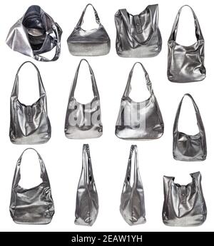 set of handcrafted bags from soft silver leather Stock Photo