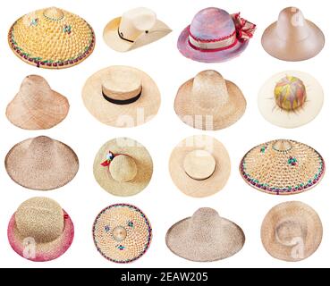set of various summer straw hats isolated on white Stock Photo
