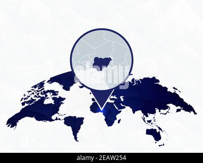 Nigeria detailed map highlighted on blue rounded World Map. Map of Nigeria in circle. Stock Vector