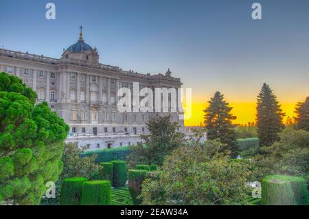 Royal Palace in Madrid, Spain viewed from the jardines de sabatini - de sabatini gardens. Stock Photo