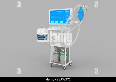 Medical 3D illustration, ICU artificial lung ventilator with fictive design isolated on grey background - heal 2019-ncov concept Stock Photo