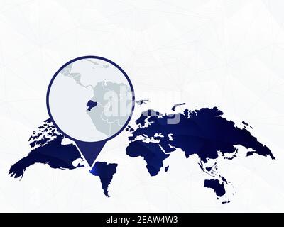 Ecuador detailed map highlighted on blue rounded World Map. Map of Ecuador in circle. Stock Vector
