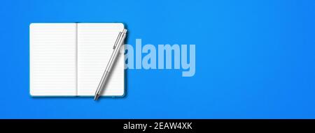 Cyan open notebook with a pen isolated on blue background. Horizontal banner Stock Photo