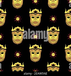 Magic pattern. Sun God. Harpy children. Gold mask on a black background Stock Photo