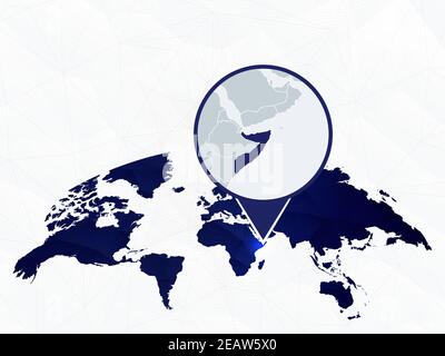 Somalia detailed map highlighted on blue rounded World Map. Map of Somalia in circle. Stock Vector