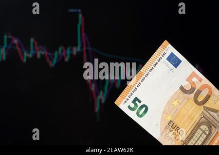European banks and loans in Euros. 50 Euros on the background of a laptop with an open chart or diagram of the foreign exchange market or stock exchange. Chart of the rise or fall of the Euro, price growth in Europe Stock Photo