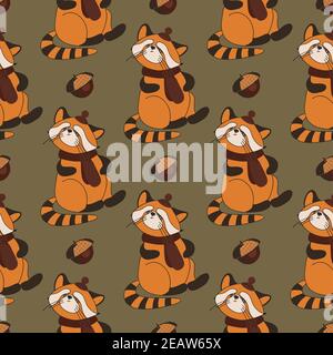 Autumn pattern with animals. Red panda character. Acorns. Autumn background. Print for children's textiles and fabrics. Cute animals. illustration. Stock Photo