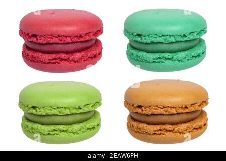 Pastries, desserts and sweets. Collage set of various multicolored original french macaroon cookies isolated on a white background. Such as red strawberry, green pistachio, yellow lemon, brown chocolate or red raspberry macaroons. Stock Photo