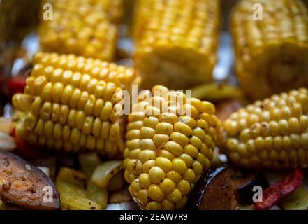 Close up of sweet corn roasted on the grill Stock Photo